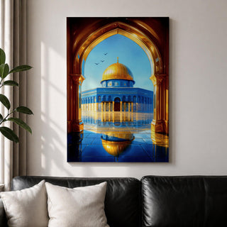 Illustration of Masjid Al Aqsa in Jerusalem viewed through a grand archway, featuring the mosque courtyard with the iconic golden dome rising in the distance, surrounded by historic stone architecture and arches, rendered with balanced architectural detail and warm light in a refined Islamic architectural composition.