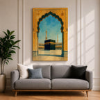 A watercolor style framed canvas wall art depicting the Kaaba viewed through an ornate Islamic arch with minarets and birds in the background. The artwork captures the iconic religious site in Mecca with detailed architectural elements and a serene sky, emphasizing Islamic cultural heritage.