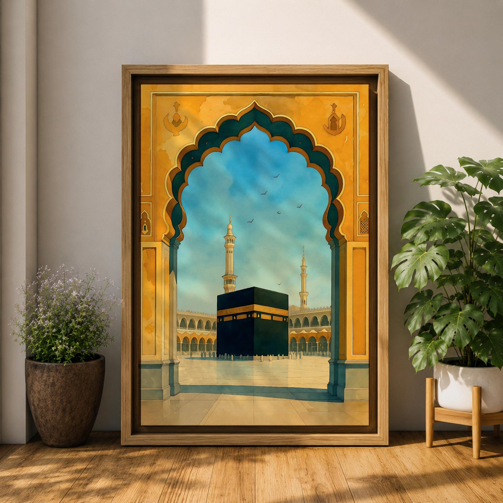 A watercolor style framed canvas wall art depicting the Kaaba viewed through an ornate Islamic arch with minarets and birds in the background. The artwork captures the iconic religious site in Mecca with detailed architectural elements and a serene sky, emphasizing Islamic cultural heritage.