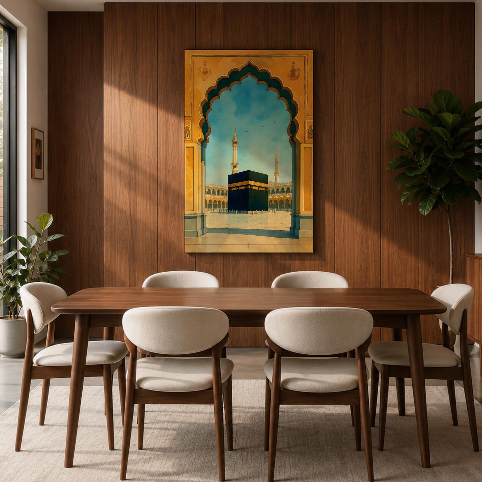 A watercolor style framed canvas wall art depicting the Kaaba viewed through an ornate Islamic arch with minarets and birds in the background. The artwork captures the iconic religious site in Mecca with detailed architectural elements and a serene sky, emphasizing Islamic cultural heritage.