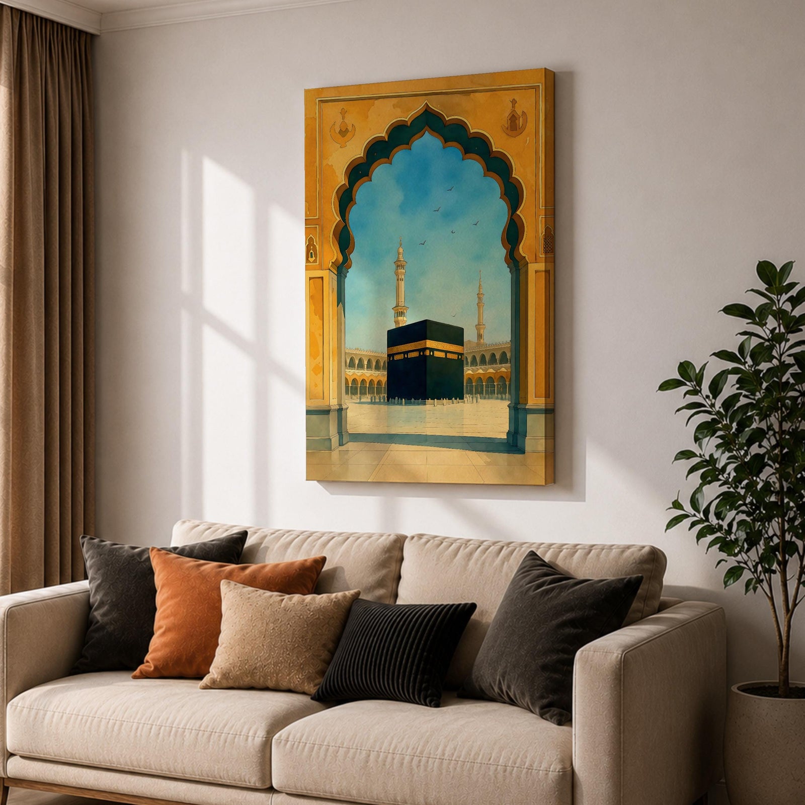 A watercolor style framed canvas wall art depicting the Kaaba viewed through an ornate Islamic arch with minarets and birds in the background. The artwork captures the iconic religious site in Mecca with detailed architectural elements and a serene sky, emphasizing Islamic cultural heritage.