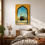 A watercolor style framed canvas wall art depicting the Kaaba viewed through an ornate Islamic arch with minarets and birds in the background. The artwork captures the iconic religious site in Mecca with detailed architectural elements and a serene sky, emphasizing Islamic cultural heritage.