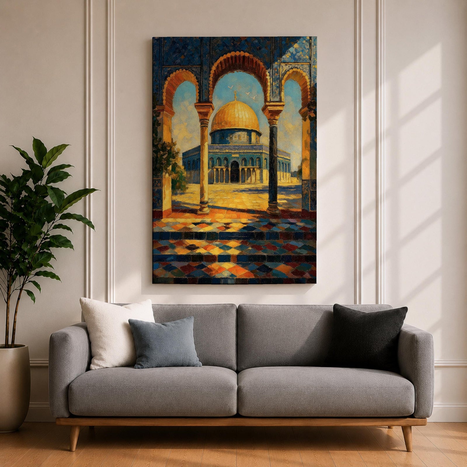 A detailed painting of the Dome of the Rock viewed through three ornate arches with mosaic tile patterns. The golden dome contrasts with the blue sky and intricate architectural columns, capturing the iconic Jerusalem landmark in a vibrant, realistic style.