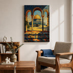 A detailed painting of the Dome of the Rock viewed through three ornate arches with mosaic tile patterns. The golden dome contrasts with the blue sky and intricate architectural columns, capturing the iconic Jerusalem landmark in a vibrant, realistic style.