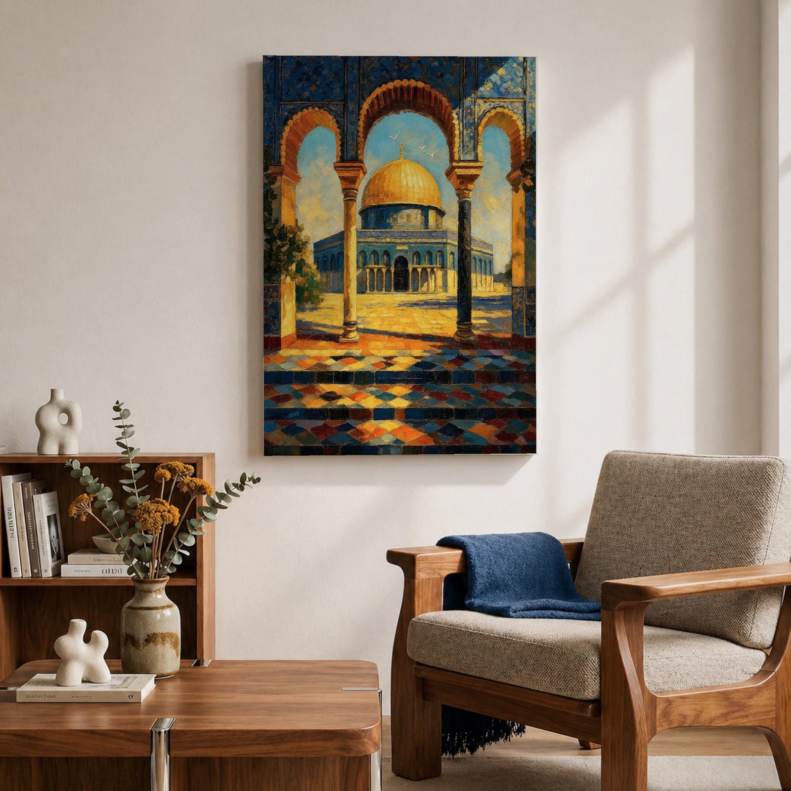 A detailed painting of the Dome of the Rock viewed through three ornate arches with mosaic tile patterns. The golden dome contrasts with the blue sky and intricate architectural columns, capturing the iconic Jerusalem landmark in a vibrant, realistic style.