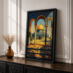 A detailed painting of the Dome of the Rock viewed through three ornate arches with mosaic tile patterns. The golden dome contrasts with the blue sky and intricate architectural columns, capturing the iconic Jerusalem landmark in a vibrant, realistic style.