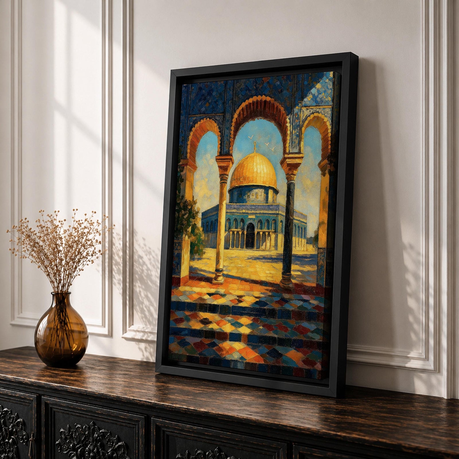 A detailed painting of the Dome of the Rock viewed through three ornate arches with mosaic tile patterns. The golden dome contrasts with the blue sky and intricate architectural columns, capturing the iconic Jerusalem landmark in a vibrant, realistic style.