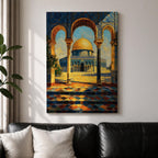 A detailed painting of the Dome of the Rock viewed through three ornate arches with mosaic tile patterns. The golden dome contrasts with the blue sky and intricate architectural columns, capturing the iconic Jerusalem landmark in a vibrant, realistic style.