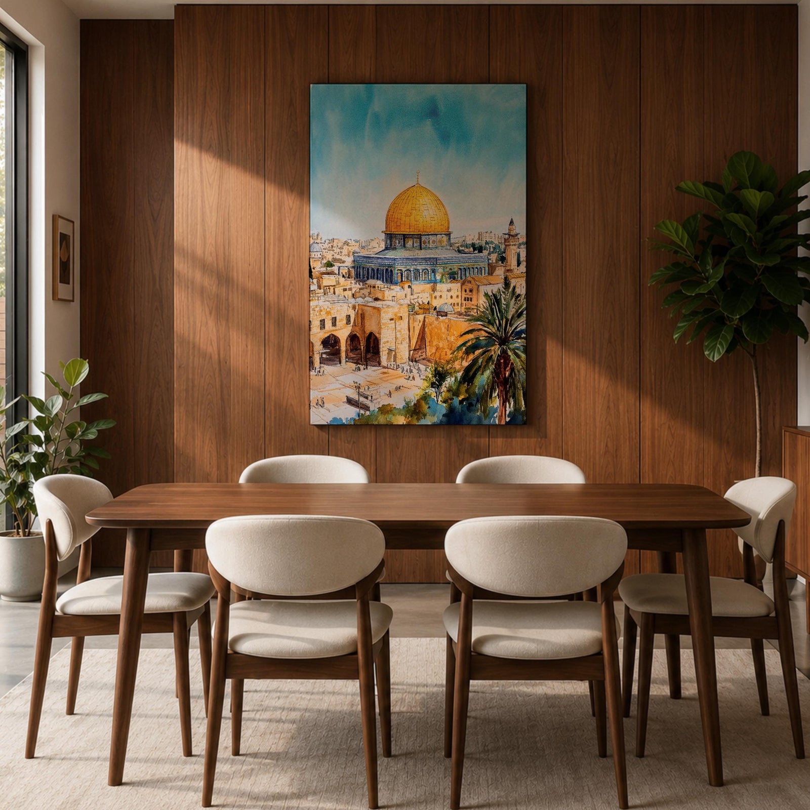 A detailed watercolor painting of the Dome of the Rock, showcasing its iconic golden dome and intricate architectural features set against a bright blue sky, with surrounding ancient stone buildings and palm trees, capturing the historic Islamic landmark in Jerusalem.