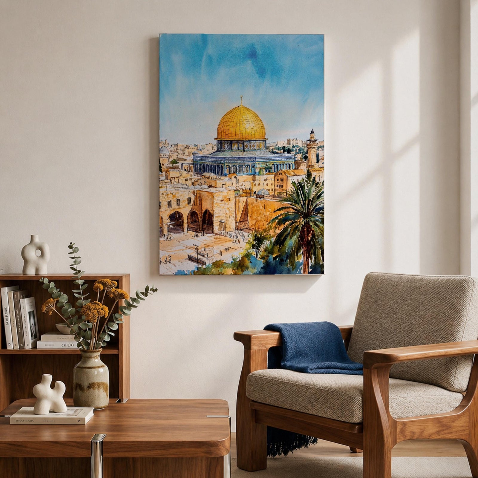 A detailed watercolor painting of the Dome of the Rock, showcasing its iconic golden dome and intricate architectural features set against a bright blue sky, with surrounding ancient stone buildings and palm trees, capturing the historic Islamic landmark in Jerusalem.