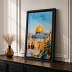 A detailed watercolor painting of the Dome of the Rock, showcasing its iconic golden dome and intricate architectural features set against a bright blue sky, with surrounding ancient stone buildings and palm trees, capturing the historic Islamic landmark in Jerusalem.