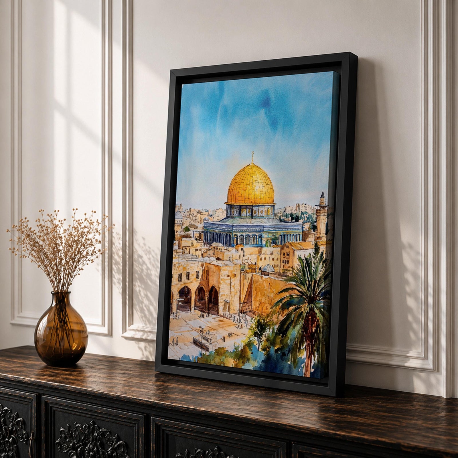 A detailed watercolor painting of the Dome of the Rock, showcasing its iconic golden dome and intricate architectural features set against a bright blue sky, with surrounding ancient stone buildings and palm trees, capturing the historic Islamic landmark in Jerusalem.