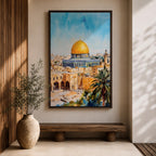 A detailed watercolor painting of the Dome of the Rock, showcasing its iconic golden dome and intricate architectural features set against a bright blue sky, with surrounding ancient stone buildings and palm trees, capturing the historic Islamic landmark in Jerusalem.