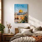 A detailed watercolor painting of the Dome of the Rock, showcasing its iconic golden dome and intricate architectural features set against a bright blue sky, with surrounding ancient stone buildings and palm trees, capturing the historic Islamic landmark in Jerusalem.