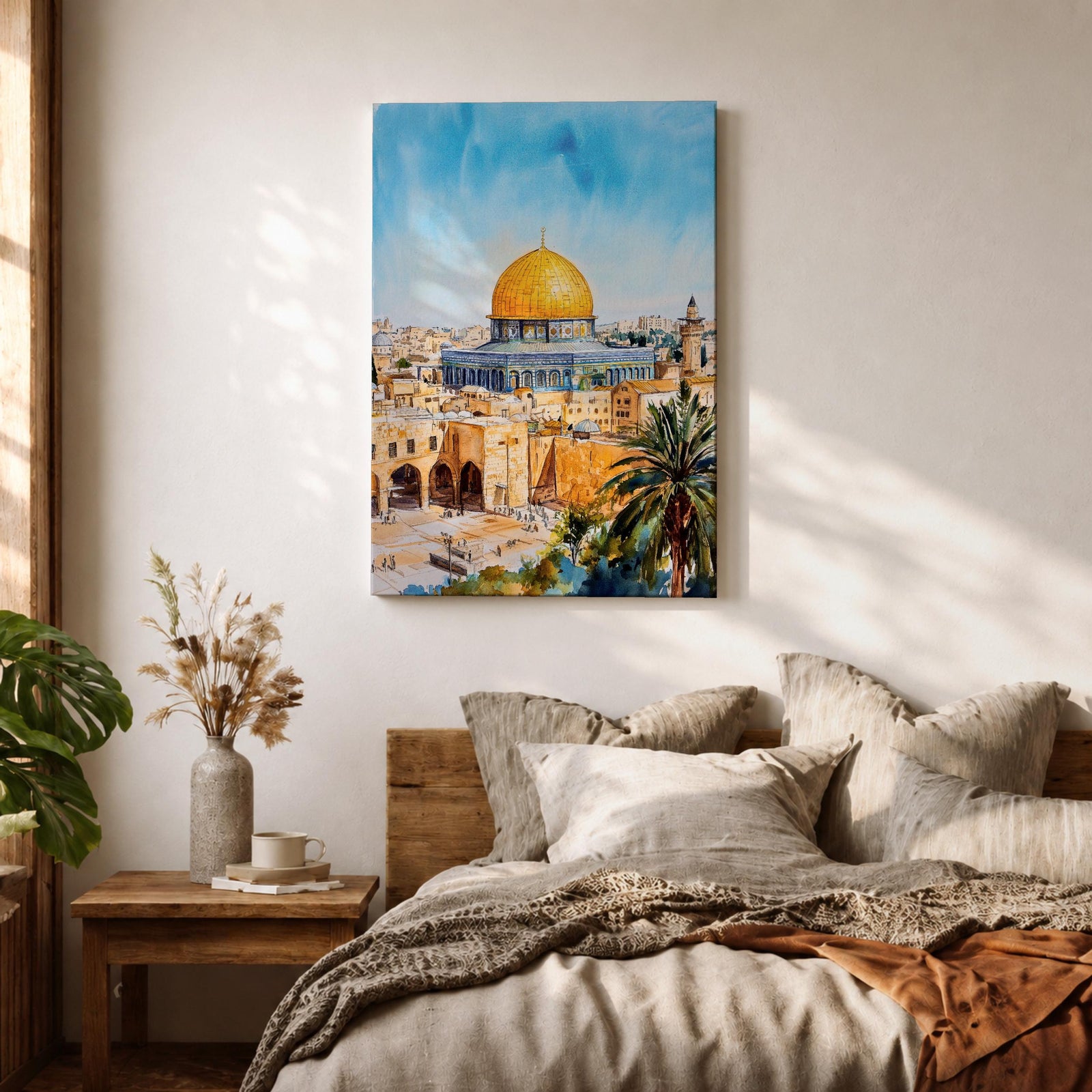 A detailed watercolor painting of the Dome of the Rock, showcasing its iconic golden dome and intricate architectural features set against a bright blue sky, with surrounding ancient stone buildings and palm trees, capturing the historic Islamic landmark in Jerusalem.