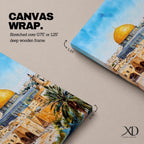 A detailed watercolor painting of the Dome of the Rock, showcasing its iconic golden dome and intricate architectural features set against a bright blue sky, with surrounding ancient stone buildings and palm trees, capturing the historic Islamic landmark in Jerusalem.