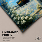 A watercolor painting depicting the Kaaba framed by a floral arch with white blossoms and stone columns, set against a bright blue sky with soft clouds, capturing the iconic Islamic holy site in Mecca with delicate brushwork and vibrant colors.