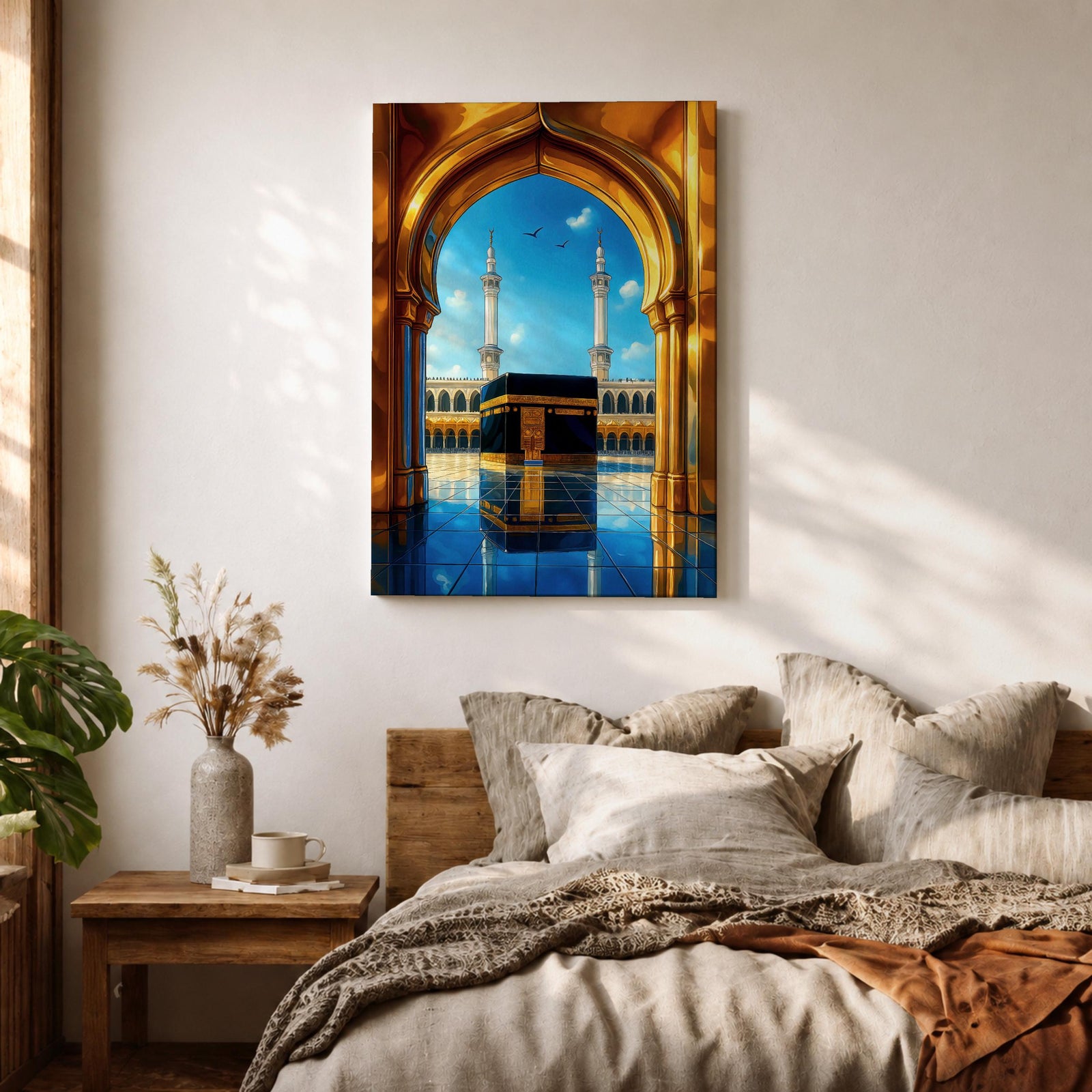A vibrant framed canvas artwork depicting the Kaaba viewed through a golden arched doorway at Masjid Al Haram in Mecca. The scene shows the iconic black cube structure with gold detailing, two minarets in the background, and a reflective tiled floor under a bright blue sky with birds flying.