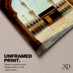 A watercolor style framed canvas depicting the Kaaba viewed through an arched gateway, showing the black cube structure with golden door and surrounding mosque minarets under a clear sky with flying birds, rendered in warm tones and detailed architectural elements.