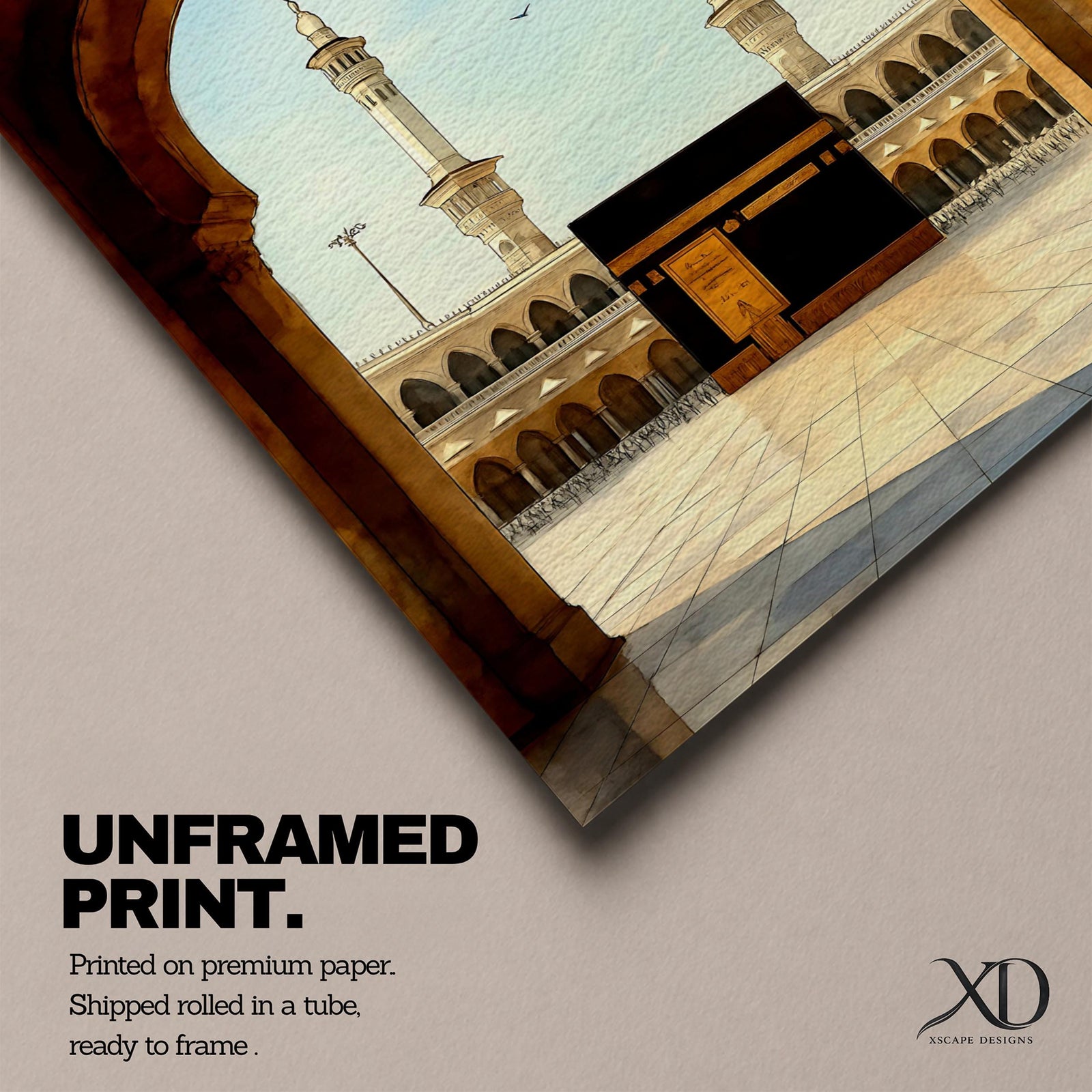 A watercolor style framed canvas depicting the Kaaba viewed through an arched gateway, showing the black cube structure with golden door and surrounding mosque minarets under a clear sky with flying birds, rendered in warm tones and detailed architectural elements.