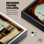 A watercolor style framed canvas depicting the Kaaba viewed through an arched gateway, showing the black cube structure with golden door and surrounding mosque minarets under a clear sky with flying birds, rendered in warm tones and detailed architectural elements.