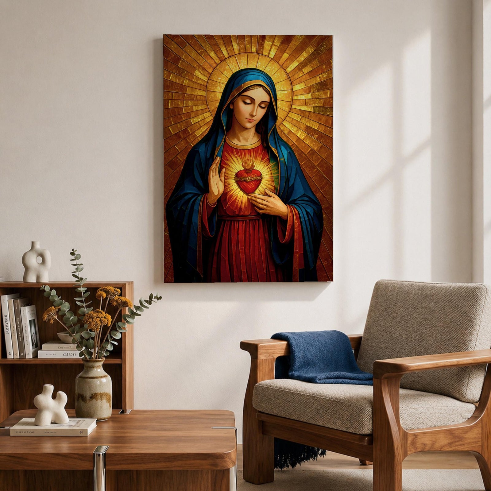 Painting of the Virgin Mary depicted with the Sacred Heart glowing on her chest as she gently gestures toward it, wearing a blue mantle over a red robe while a radiant golden halo spreads outward behind her head, rendered in a Catholic icon style devotional Madonna portrait with warm tones and sacred symbolism.