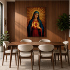 Painting of the Virgin Mary depicted with the Sacred Heart glowing on her chest as she gently gestures toward it, wearing a blue mantle over a red robe while a radiant golden halo spreads outward behind her head, rendered in a Catholic icon style devotional Madonna portrait with warm tones and sacred symbolism.