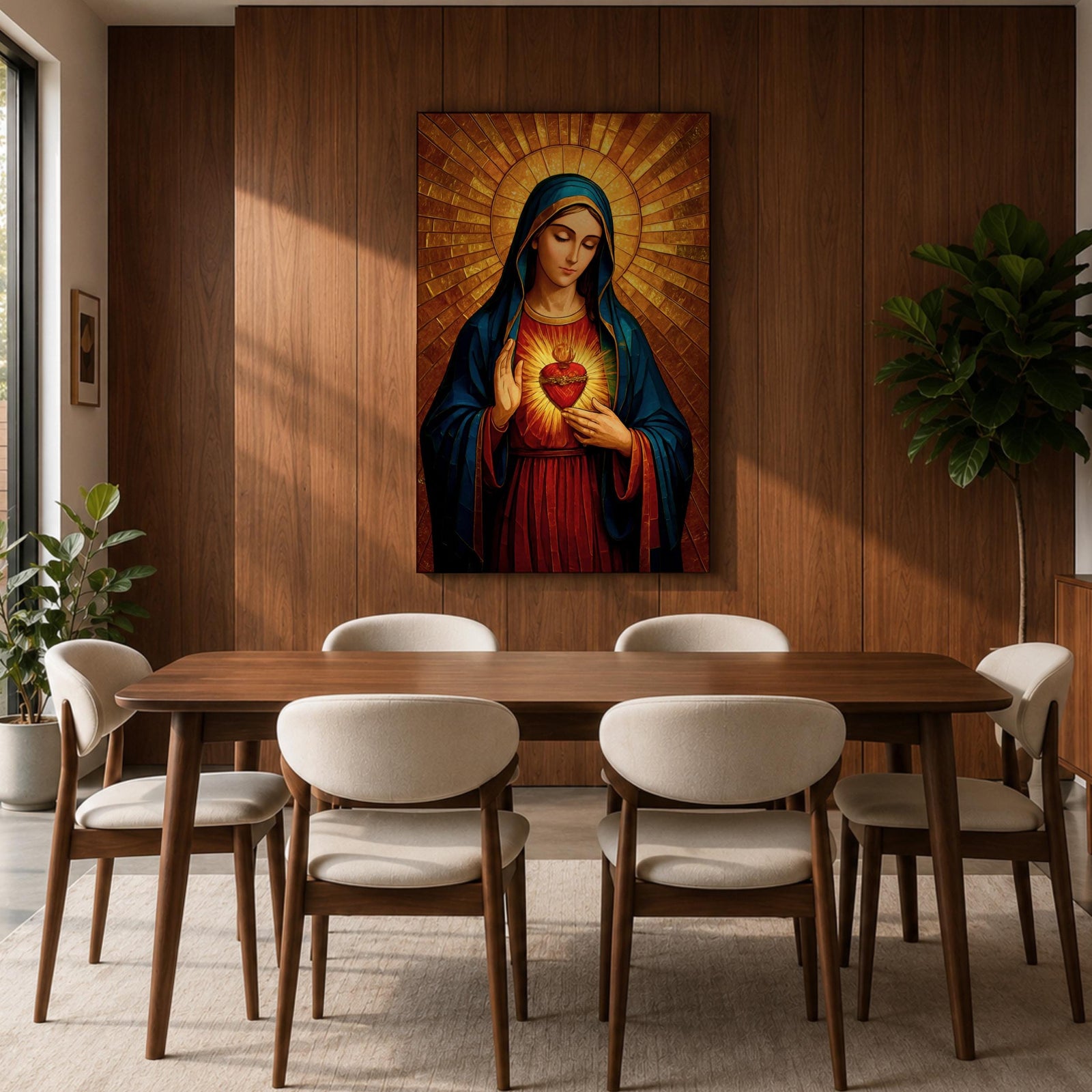 Painting of the Virgin Mary depicted with the Sacred Heart glowing on her chest as she gently gestures toward it, wearing a blue mantle over a red robe while a radiant golden halo spreads outward behind her head, rendered in a Catholic icon style devotional Madonna portrait with warm tones and sacred symbolism.