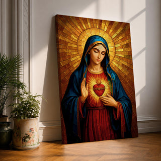 Painting of the Virgin Mary depicted with the Sacred Heart glowing on her chest as she gently gestures toward it, wearing a blue mantle over a red robe while a radiant golden halo spreads outward behind her head, rendered in a Catholic icon style devotional Madonna portrait with warm tones and sacred symbolism.