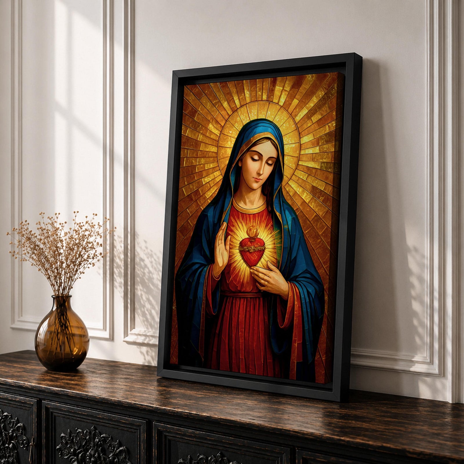 Painting of the Virgin Mary depicted with the Sacred Heart glowing on her chest as she gently gestures toward it, wearing a blue mantle over a red robe while a radiant golden halo spreads outward behind her head, rendered in a Catholic icon style devotional Madonna portrait with warm tones and sacred symbolism.
