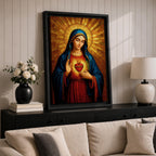 Painting of the Virgin Mary depicted with the Sacred Heart glowing on her chest as she gently gestures toward it, wearing a blue mantle over a red robe while a radiant golden halo spreads outward behind her head, rendered in a Catholic icon style devotional Madonna portrait with warm tones and sacred symbolism.