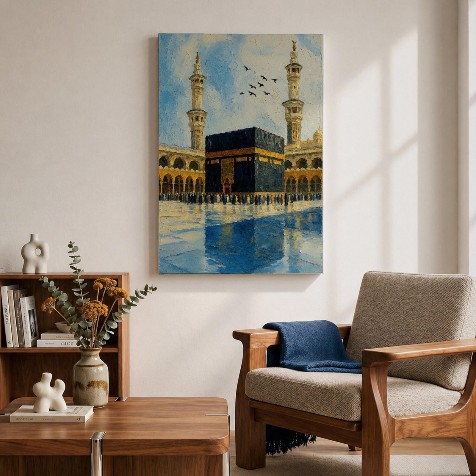 An impasto style painting depicting the Kaaba in Mecca with textured brushstrokes, showing the black cube structure surrounded by pilgrims and two minarets under a partly cloudy sky with birds flying above, capturing the iconic Islamic religious site in a richly textured and vibrant composition.