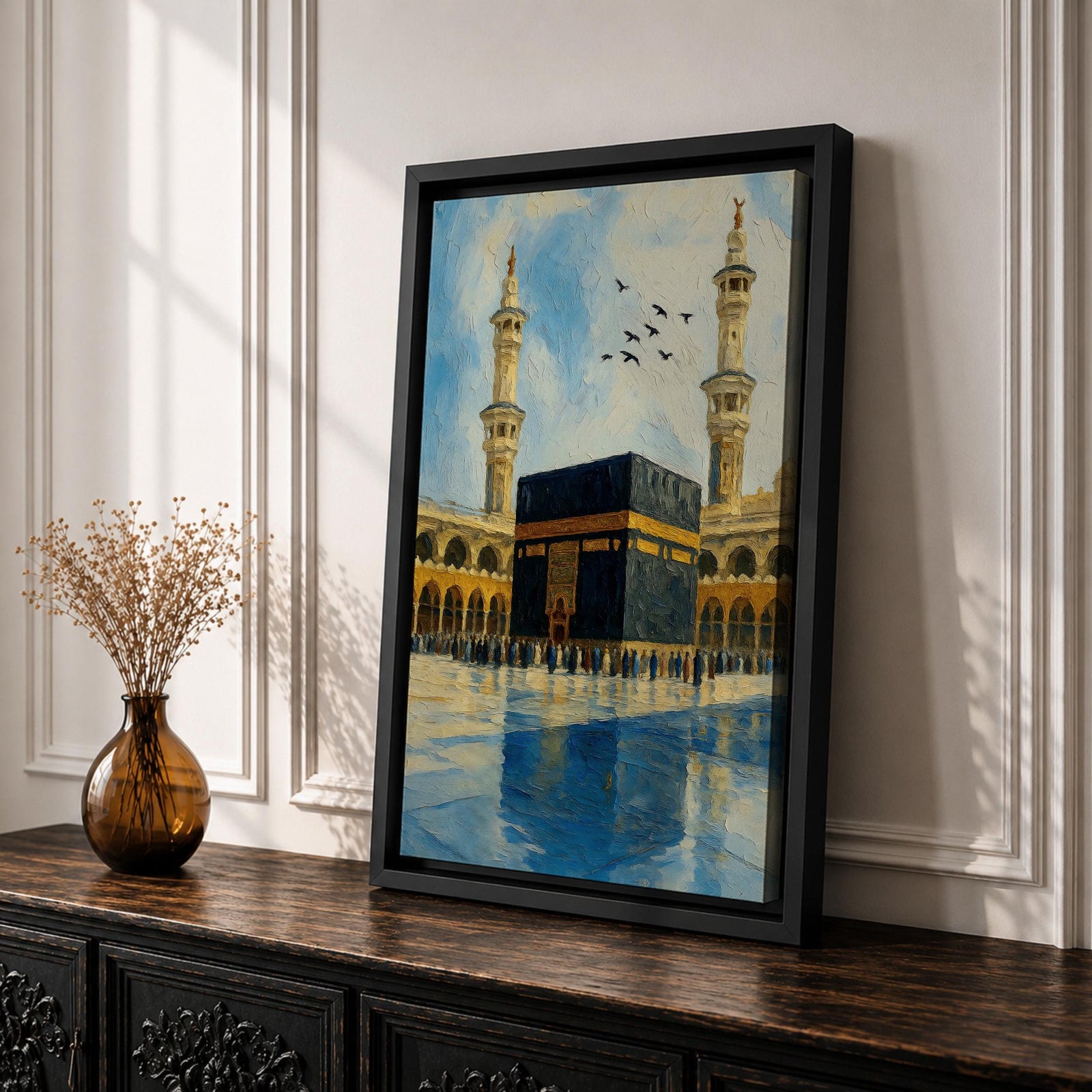 An impasto style painting depicting the Kaaba in Mecca with textured brushstrokes, showing the black cube structure surrounded by pilgrims and two minarets under a partly cloudy sky with birds flying above, capturing the iconic Islamic religious site in a richly textured and vibrant composition.