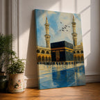 An impasto style painting depicting the Kaaba in Mecca with textured brushstrokes, showing the black cube structure surrounded by pilgrims and two minarets under a partly cloudy sky with birds flying above, capturing the iconic Islamic religious site in a richly textured and vibrant composition.