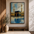 An impasto style painting depicting the Kaaba in Mecca with textured brushstrokes, showing the black cube structure surrounded by pilgrims and two minarets under a partly cloudy sky with birds flying above, capturing the iconic Islamic religious site in a richly textured and vibrant composition.