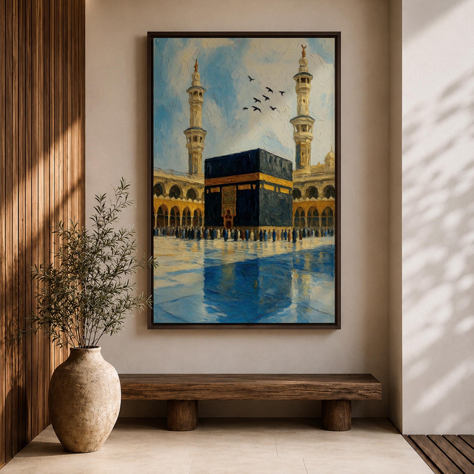 An impasto style painting depicting the Kaaba in Mecca with textured brushstrokes, showing the black cube structure surrounded by pilgrims and two minarets under a partly cloudy sky with birds flying above, capturing the iconic Islamic religious site in a richly textured and vibrant composition.
