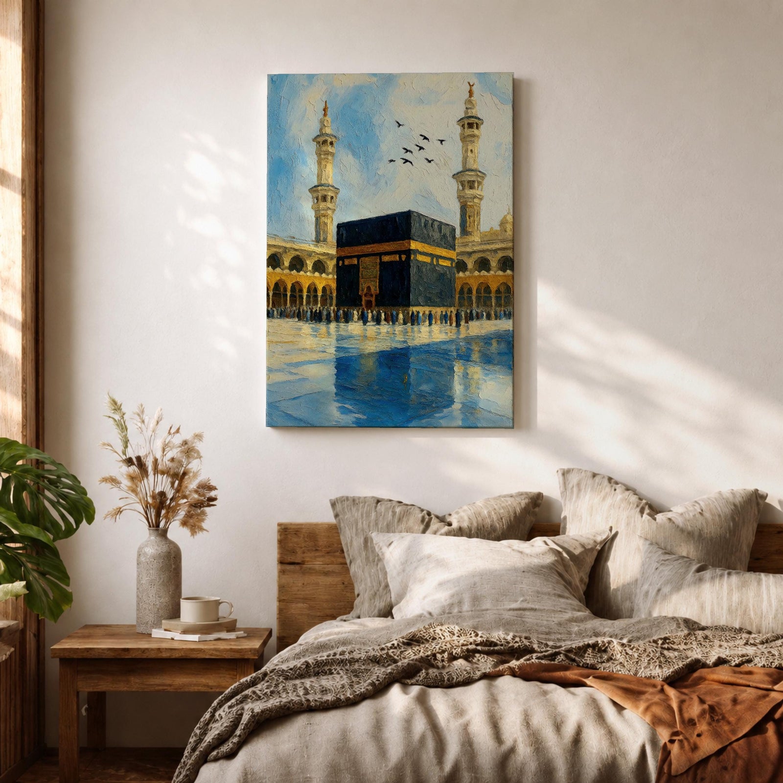 An impasto style painting depicting the Kaaba in Mecca with textured brushstrokes, showing the black cube structure surrounded by pilgrims and two minarets under a partly cloudy sky with birds flying above, capturing the iconic Islamic religious site in a richly textured and vibrant composition.