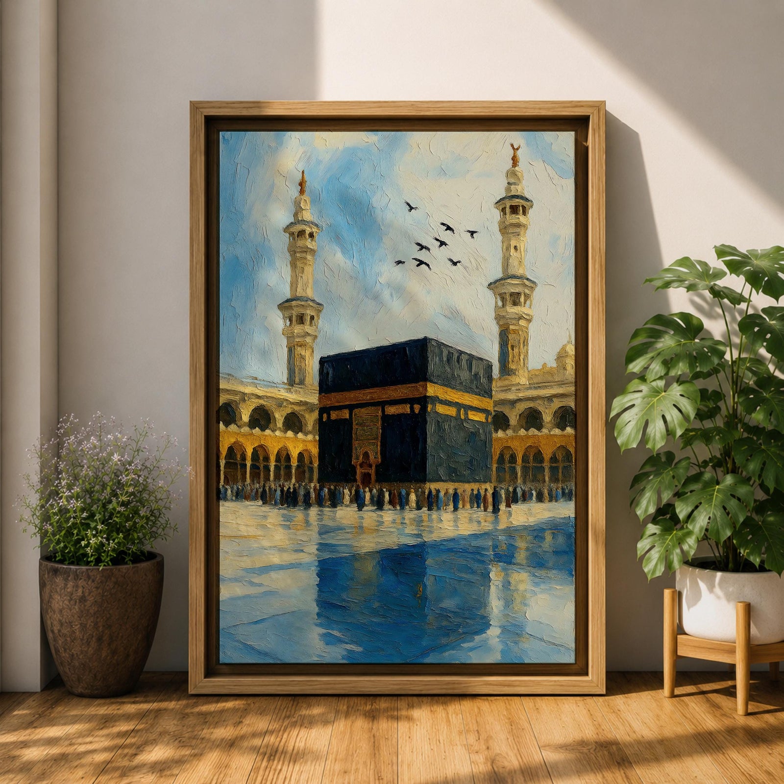 An impasto style painting depicting the Kaaba in Mecca with textured brushstrokes, showing the black cube structure surrounded by pilgrims and two minarets under a partly cloudy sky with birds flying above, capturing the iconic Islamic religious site in a richly textured and vibrant composition.