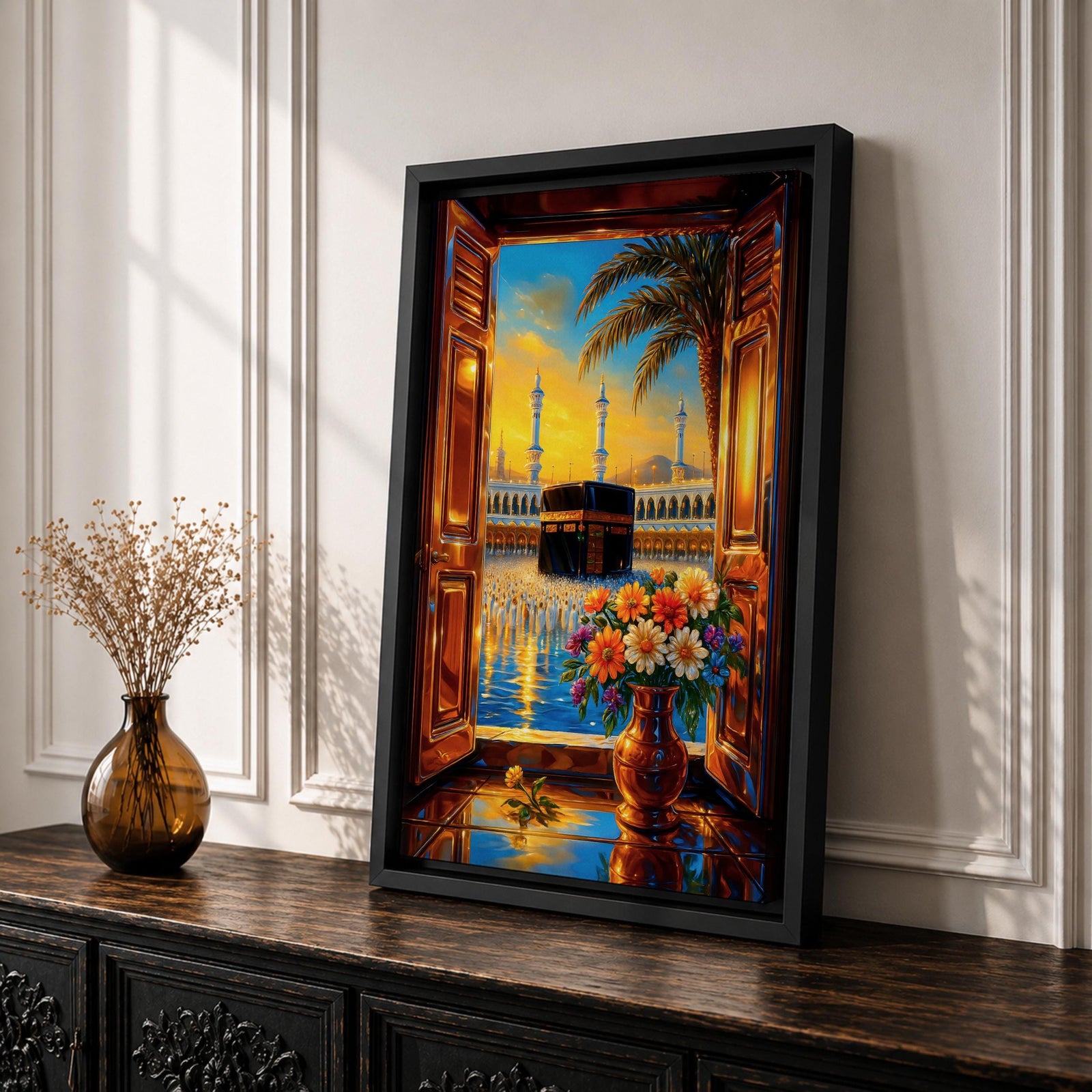 Detailed painting of the Kaaba inside Masjid al-Haram seen through open wooden window shutters, creating a framed window perspective toward the sacred sanctuary. Tall mosque minarets rise behind the Kaaba while a palm tree curves across the sky, with a decorative vase of flowers in the foreground in an ornate Arabic-inspired artistic style.