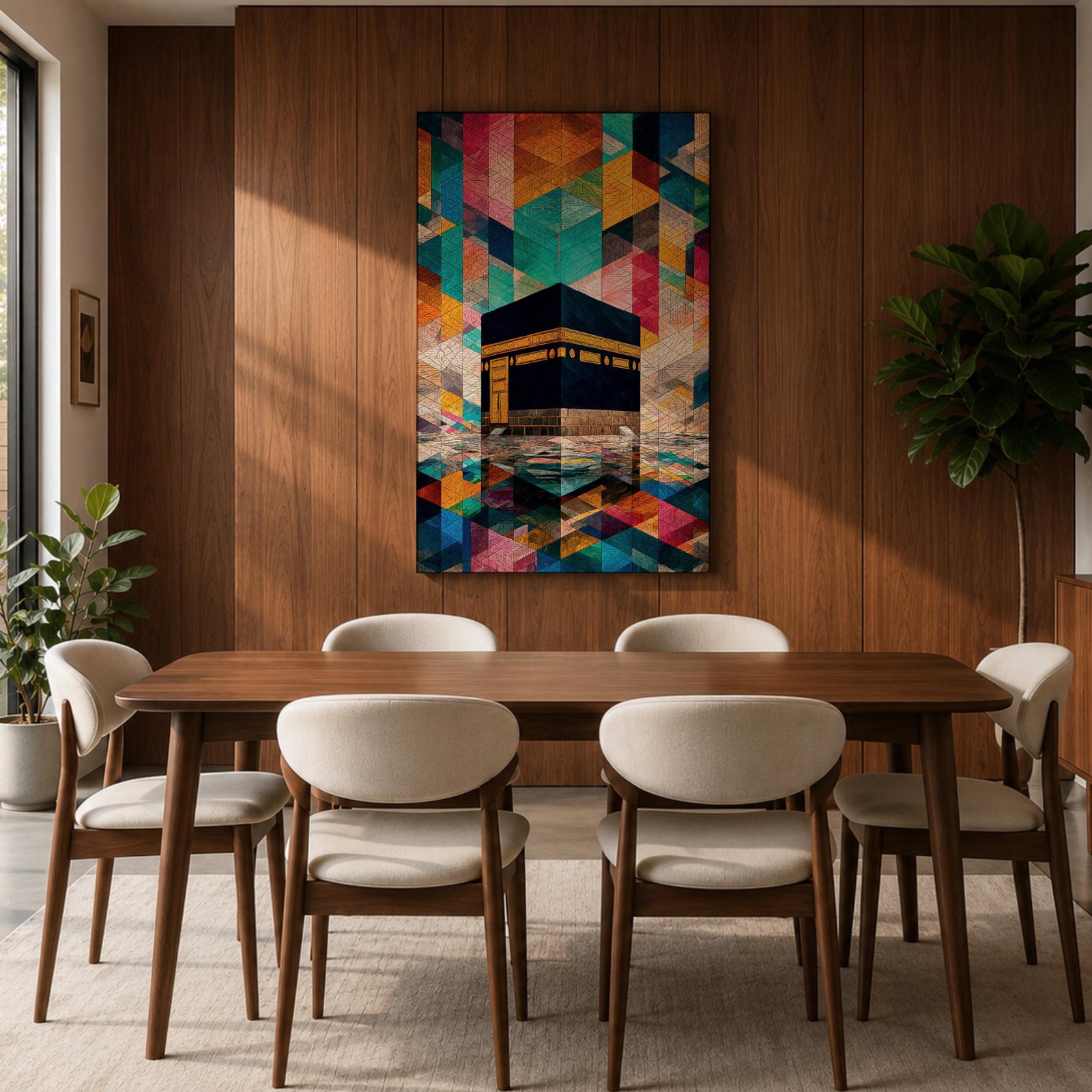 Geometric mosaic style painting of the Kaaba centered in the composition with structured tessellated shapes and layered geometric forms surrounding the sacred cube, creating a modern Islamic inspired pattern background with reflective ground beneath the Kaaba and intricate geometric design throughout the scene.