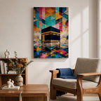 Geometric mosaic style painting of the Kaaba centered in the composition with structured tessellated shapes and layered geometric forms surrounding the sacred cube, creating a modern Islamic inspired pattern background with reflective ground beneath the Kaaba and intricate geometric design throughout the scene.