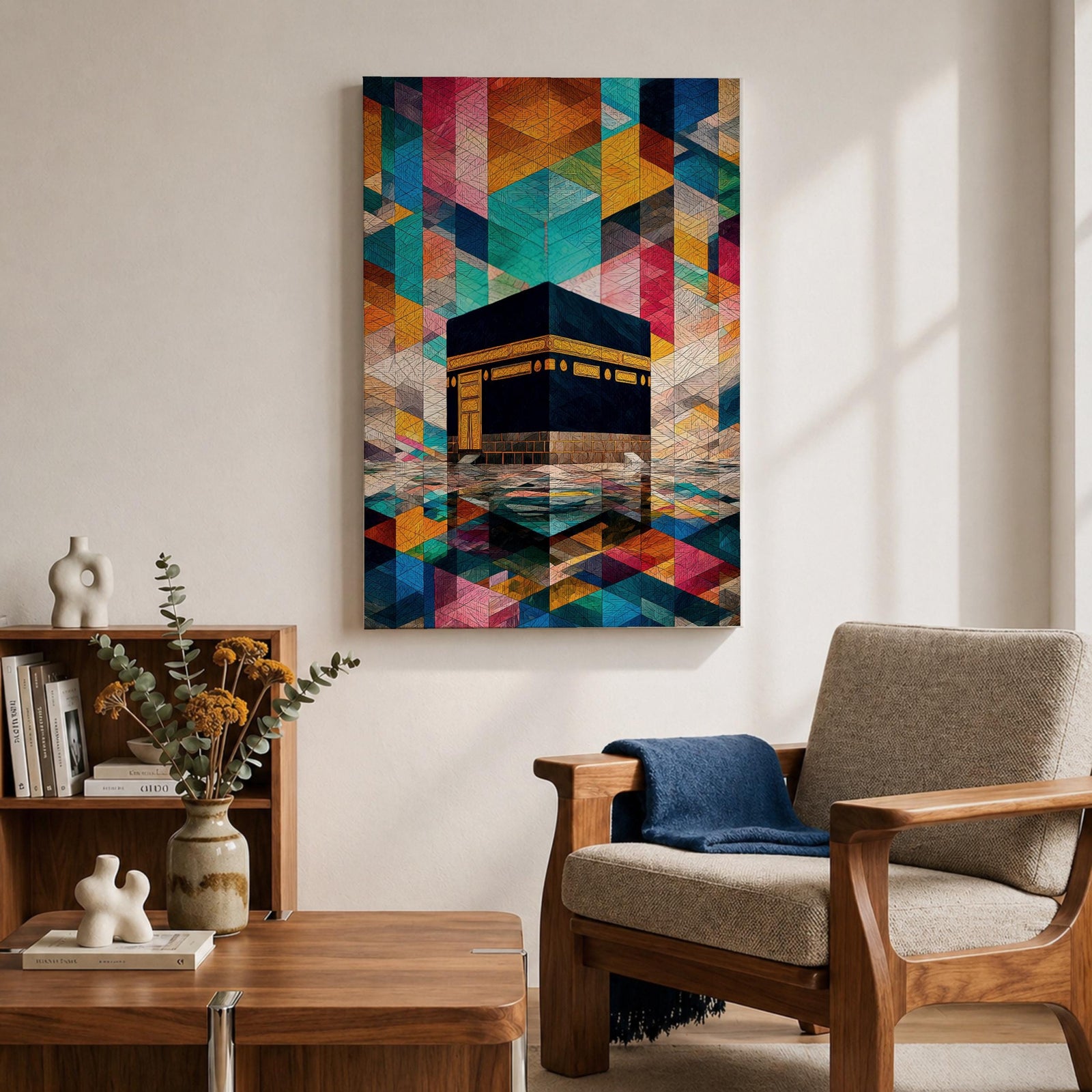 Geometric mosaic style painting of the Kaaba centered in the composition with structured tessellated shapes and layered geometric forms surrounding the sacred cube, creating a modern Islamic inspired pattern background with reflective ground beneath the Kaaba and intricate geometric design throughout the scene.