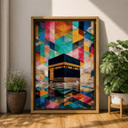 Geometric mosaic style painting of the Kaaba centered in the composition with structured tessellated shapes and layered geometric forms surrounding the sacred cube, creating a modern Islamic inspired pattern background with reflective ground beneath the Kaaba and intricate geometric design throughout the scene.