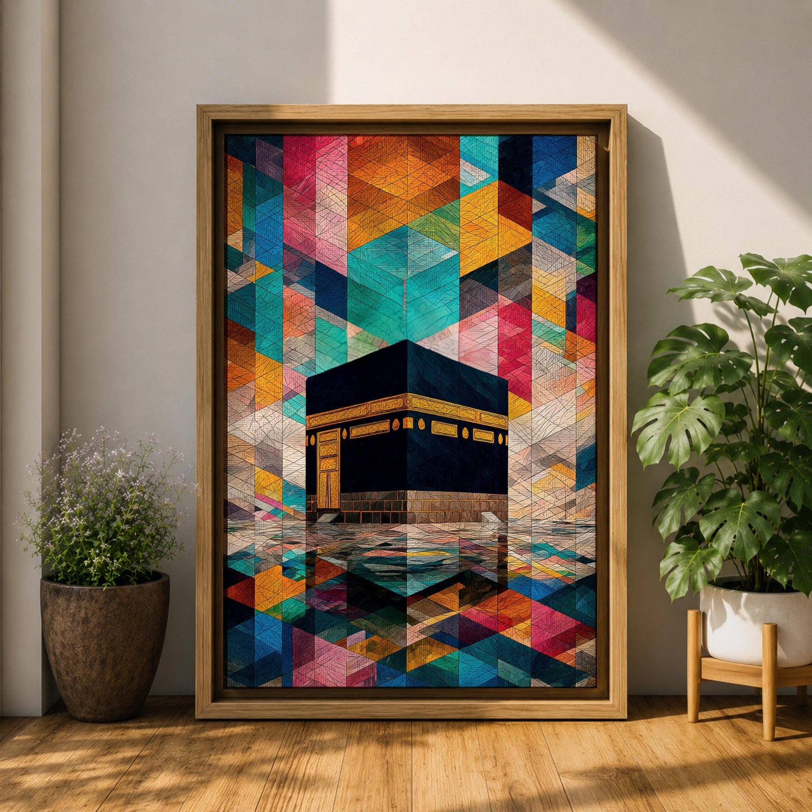 Geometric mosaic style painting of the Kaaba centered in the composition with structured tessellated shapes and layered geometric forms surrounding the sacred cube, creating a modern Islamic inspired pattern background with reflective ground beneath the Kaaba and intricate geometric design throughout the scene.