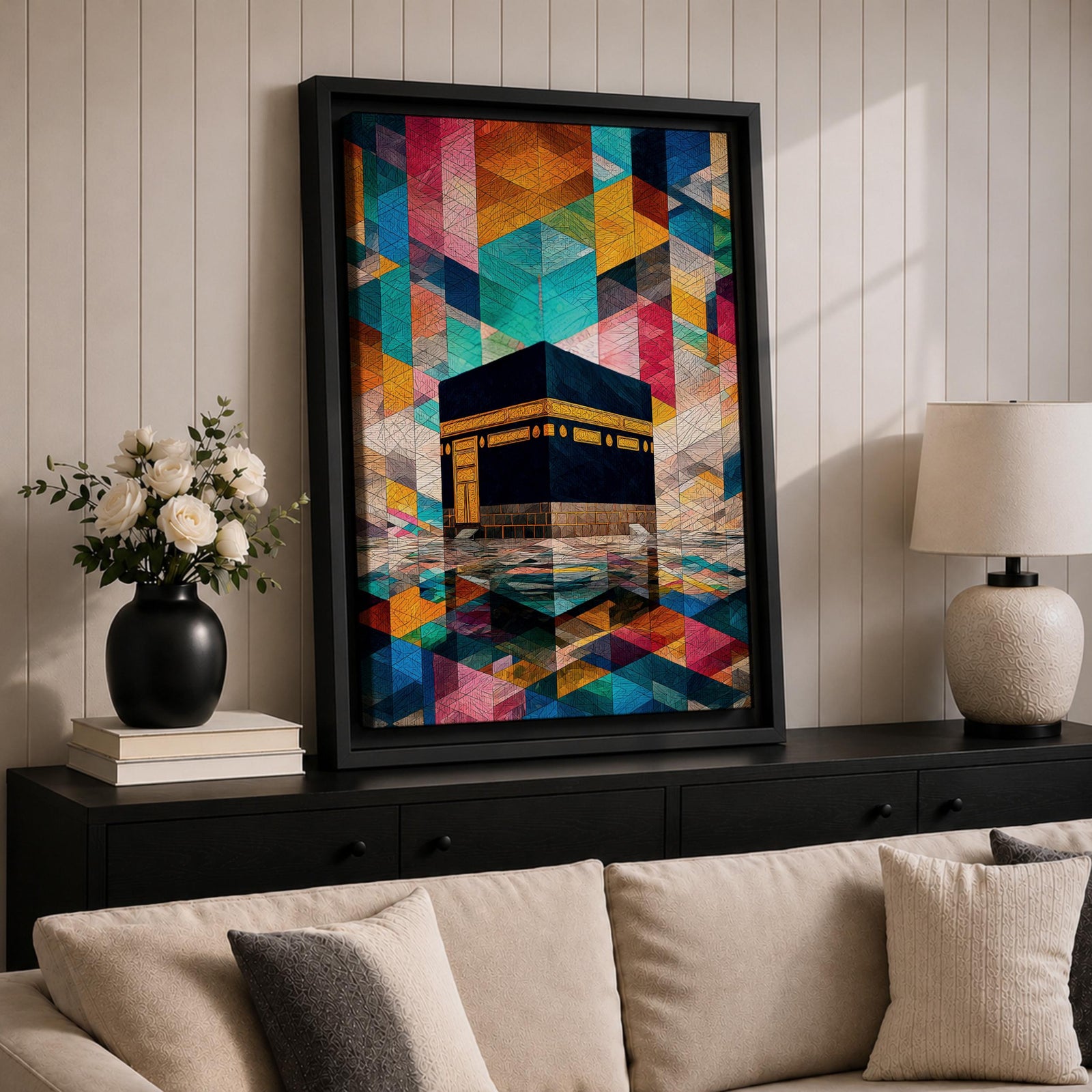 Geometric mosaic style painting of the Kaaba centered in the composition with structured tessellated shapes and layered geometric forms surrounding the sacred cube, creating a modern Islamic inspired pattern background with reflective ground beneath the Kaaba and intricate geometric design throughout the scene.