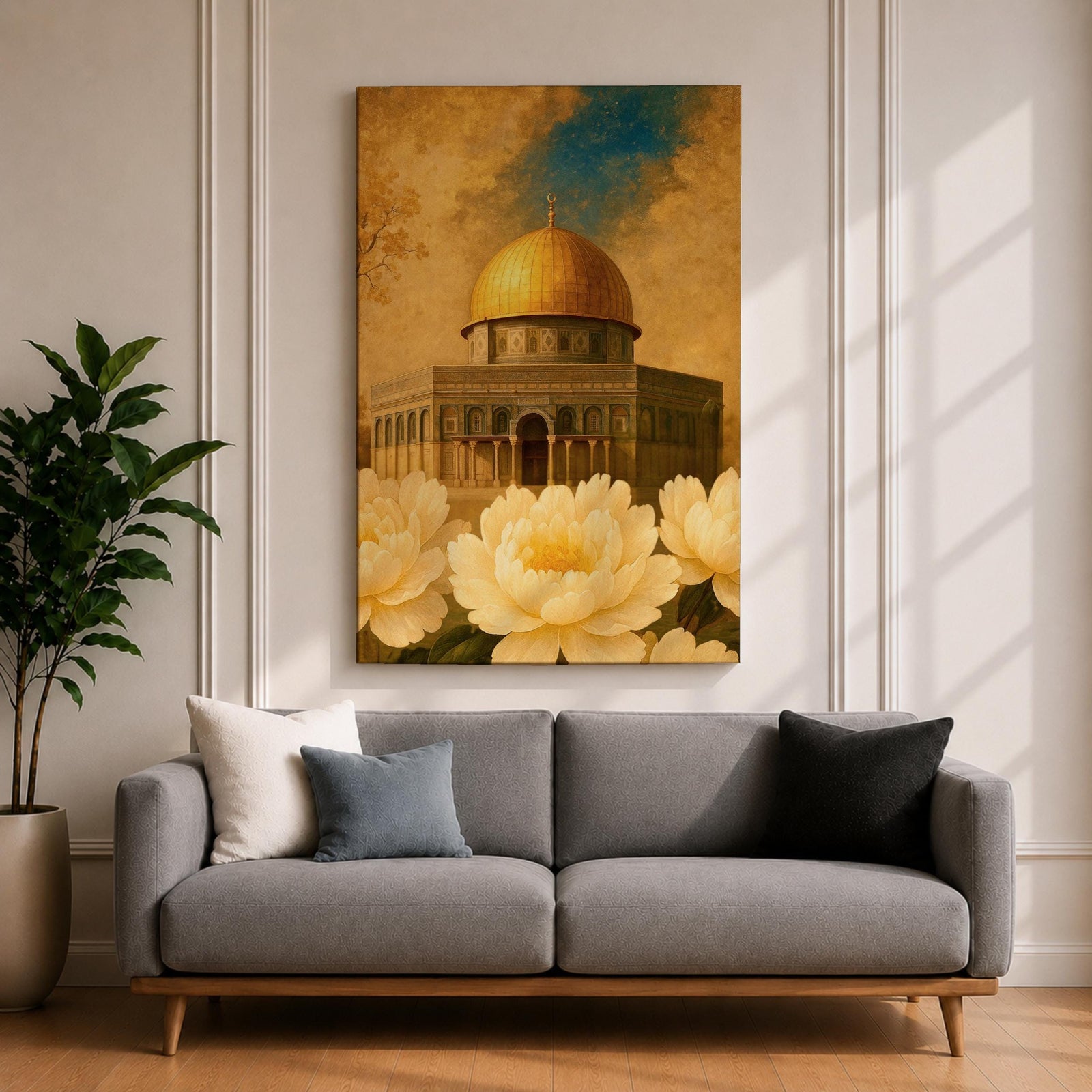 Painting of the Dome of the Rock in Jerusalem with its golden dome rising above the historic shrine and arched façade, surrounded by large blooming flowers in the foreground that frame the mosque structure, rendered in a classic Islamic inspired style emphasizing the sacred architecture and floral composition.