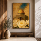 Painting of the Dome of the Rock in Jerusalem with its golden dome rising above the historic shrine and arched façade, surrounded by large blooming flowers in the foreground that frame the mosque structure, rendered in a classic Islamic inspired style emphasizing the sacred architecture and floral composition.