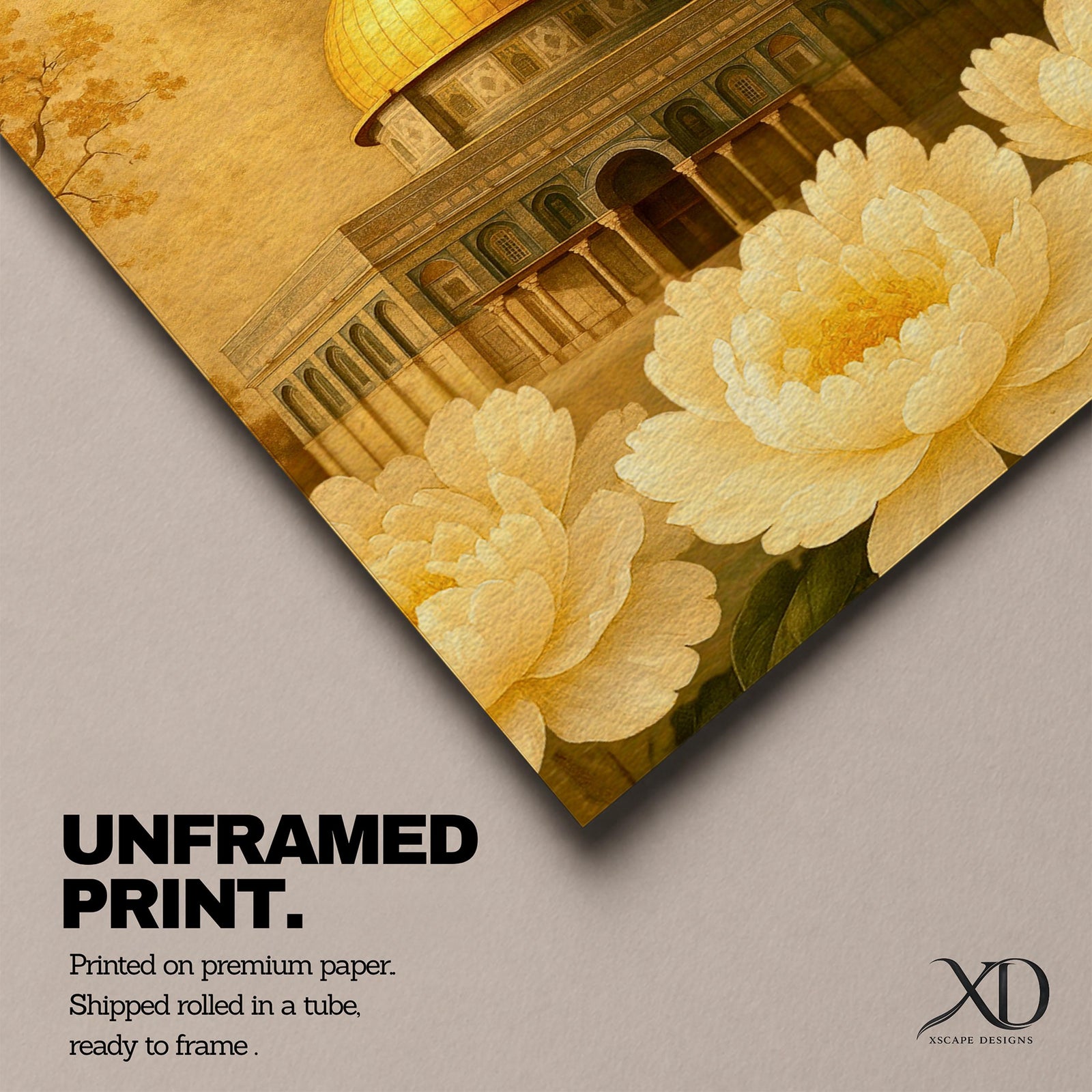 Painting of the Dome of the Rock in Jerusalem with its golden dome rising above the historic shrine and arched façade, surrounded by large blooming flowers in the foreground that frame the mosque structure, rendered in a classic Islamic inspired style emphasizing the sacred architecture and floral composition.