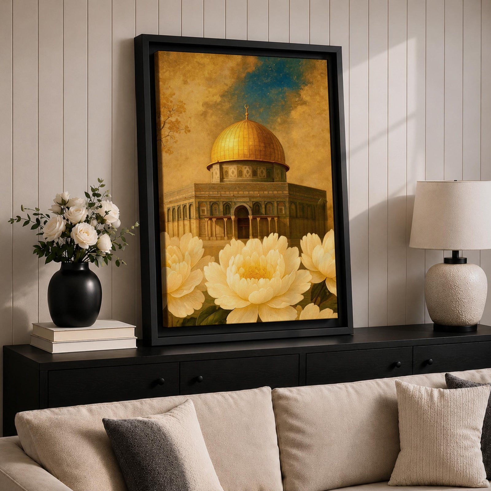 Painting of the Dome of the Rock in Jerusalem with its golden dome rising above the historic shrine and arched façade, surrounded by large blooming flowers in the foreground that frame the mosque structure, rendered in a classic Islamic inspired style emphasizing the sacred architecture and floral composition.