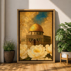 Painting of the Dome of the Rock in Jerusalem with its golden dome rising above the historic shrine and arched façade, surrounded by large blooming flowers in the foreground that frame the mosque structure, rendered in a classic Islamic inspired style emphasizing the sacred architecture and floral composition.